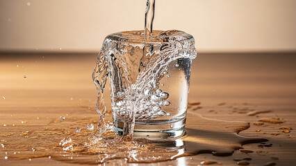 Capturing the moment of excess as clean drinking water spills from an overflowing glass, creating a chaotic splash on a wooden counter