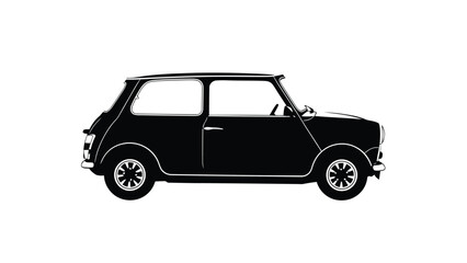 Obraz premium Black silhouette of a classic vintage mini car in side view with white outlines, flat vector illustration, logo design, isolated on white background