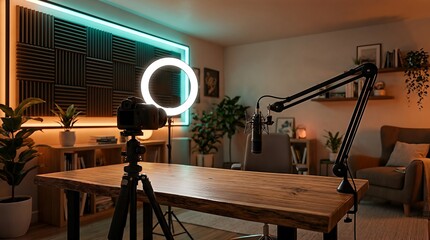 Professional home studio setup for a content creator with modern equipment for vlogging, podcasting, or streaming