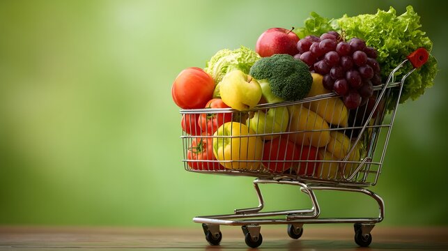 Metal shopping cart overflows with a variety of fresh produce set against a soft green background