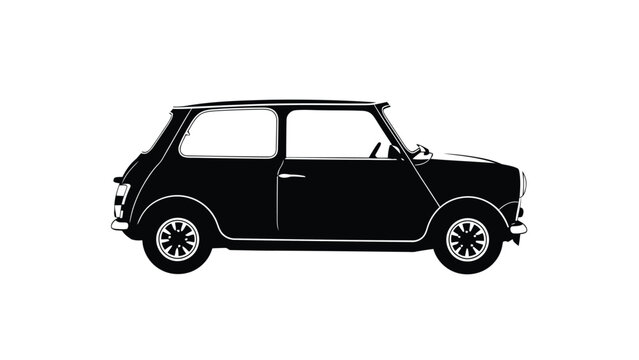 Black silhouette of a classic vintage mini car in side view with white outlines, flat vector illustration, logo design, isolated on white background