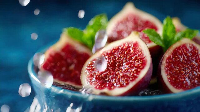 Fresh figs bursting with water splash in a blue ceramic bowl, showcasing vibrant texture and color