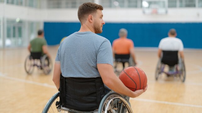 Man holding basketball in wheelchair gym.