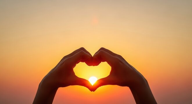 Golden sunset light shining through heart hands symbol
