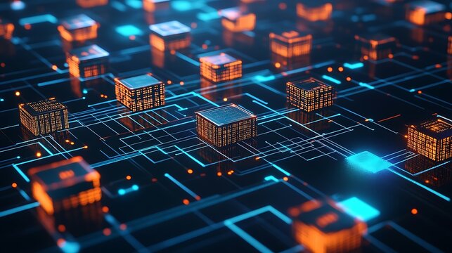 Rows of glowing orange and blue data blocks on a dark circuit board grid representing advanced computing