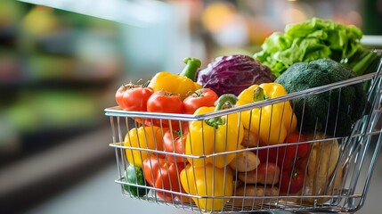 Fresh assorted colorful produce fills a grocery cart inside a brightly lit market