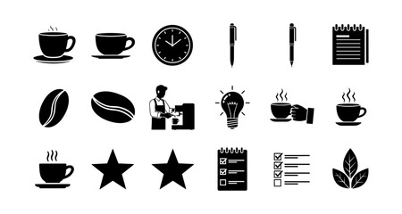 Coffee and productivity icons: cafe, work, and creativity elements in black silhouette style