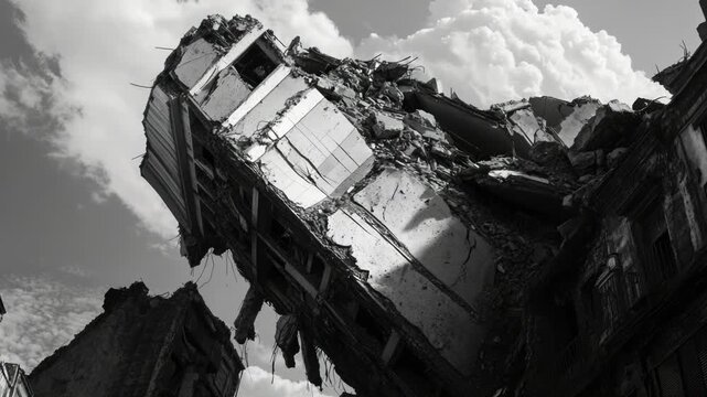 A black and white photo of a building being torn down, with rubble and dust flying everywhere