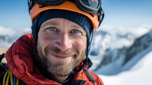 Man smiling at camera while snowboarding in mountainous terrain.