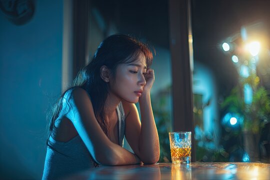 Alcoholism. A drunk Asian young woman holds a glass of alcohol in her hand, sits alone, drinks at a table at home, at night.