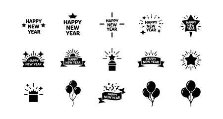 Happy new year celebration icons with balloons and fireworks