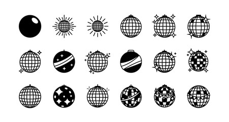 Retro disco balls: diverse icon set in minimalist black and white