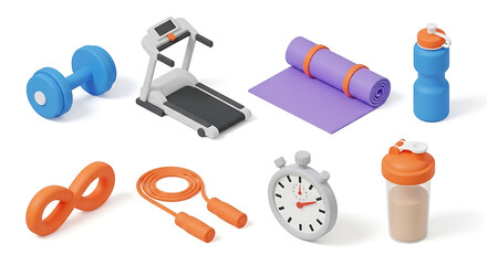 Collection of fitness equipment for a healthy lifestyle including dumbbells, treadmill, yoga mat, and water bottle