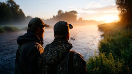 Couple fishing at sunset by river.