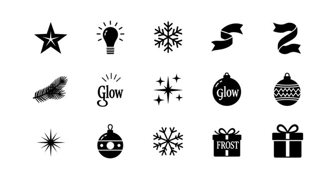 Minimalist winter holiday icons set featuring silhouettes and festive decorations