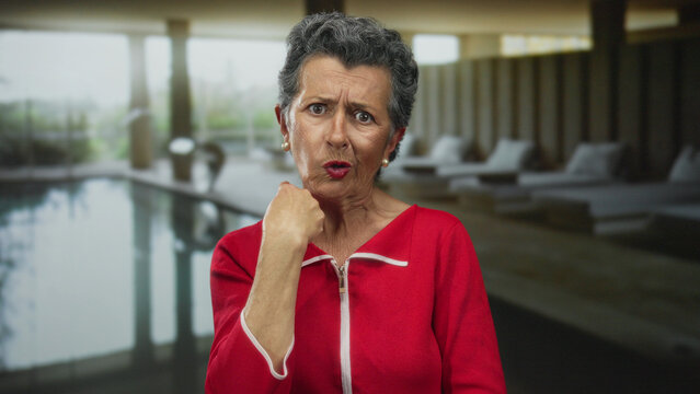Senior woman with grey hair in red shirt appears puzzled next to an indoor pool at a spa, suggesting a moment of uncertainty or curiosity in a luxurious setting.