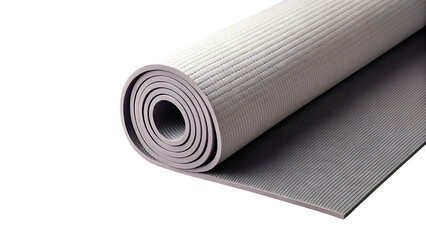Yoga Mat in Focus: An eye-level shot reveals a grey yoga mat, its rolled form exuding a sense of readiness and tranquility. Perfect for fitness and mindfulness practices.