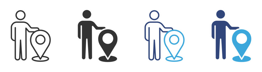 Location Pointer icon set, Person with Map Marker, Geolocation Identification and Position Indication concept icon, vector illustration.