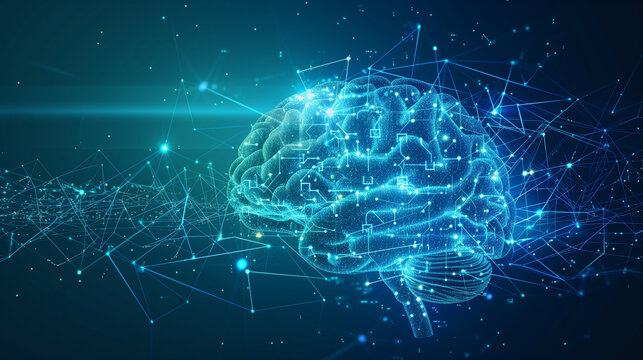 C&eacute;rebro digital iluminado com conex&otilde;es tecnol&oacute;gicas, simbolizando intelig&ecirc;ncia artificial, inova&ccedil;&atilde;o, aprendizado de m&aacute;quina e redes neurais. Ideal para tecnologia e futuro digital