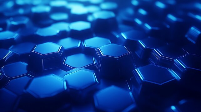 Shiny blue hexagonal surfaces reflect light, creating a dynamic geometric pattern suggesting advanced technological structures