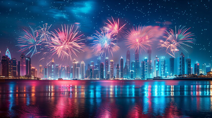 Cena vibrante de fogos de artifício sobre uma cidade iluminada à noite, refletindo cores intensas no lago. Ideal para temas de celebração, ano-novo e festivais urbanos