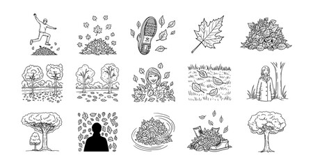 Autumn leaves and activities in line art style