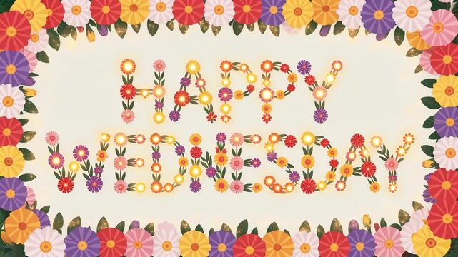 Joyful happy wednesday greeting with lights and colorful garland