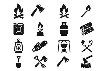 Camping equipment icons: fire, axe, lantern, chainsaw, logs, match, spade, jerrycan