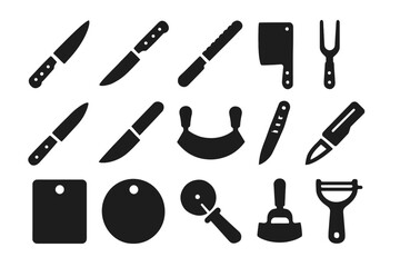 Obraz premium Set of kitchen utensils and knives icons in black silhouette design