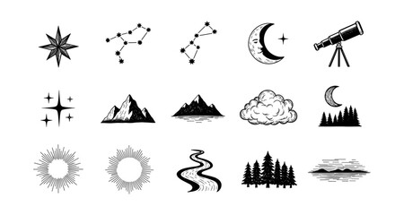 Celestial and nature elements in hand drawn style: stars, constellations, mountains, and more