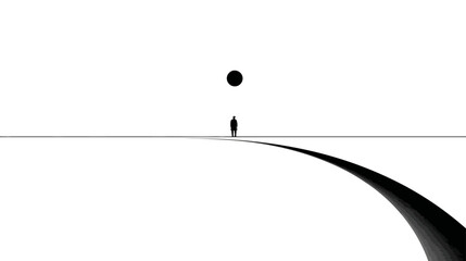 Minimalist black and white concept of a lone figure on a horizon with a floating sphere and curved path, symbolizing choice and future.