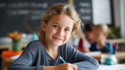 Happy young student sitting at desk writing in notebook in classroom faceless girl defocused educational background cute elementary school youngster learning doing homework cont