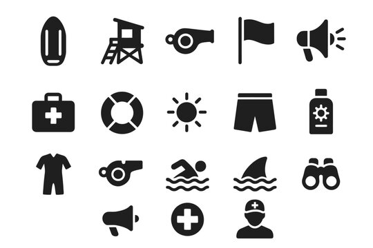 Beach safety icons: lifeguard, swim gear, first aid, sun protection - Powered by Adobe