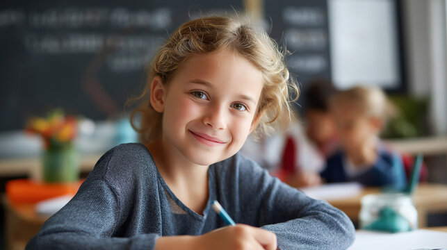 Happy young student sitting at desk writing in notebook in classroom faceless girl defocused educational background cute elementary school youngster learning doing homework cont