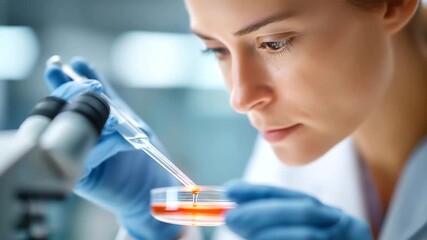 Female scientist using pipette adding defocused sample petri, faceless lab work, microscope visualization detail, blurred laboratory background, research concept, scientific interf - Powered by Adobe