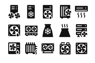 Set of black cooling and heating system icons featuring fans and radiators
