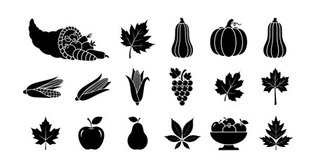 Fototapeta premium Black silhouette autumn harvest: leaves, corn, fruits, and vegetables in seasonal design
