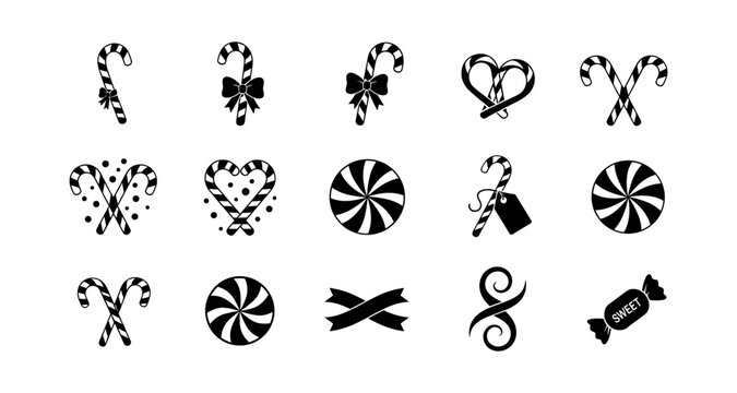 Festive black and white candy cane icons for holiday design projects