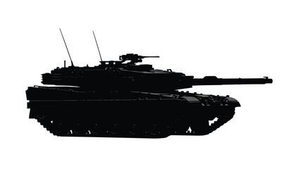 Obraz premium Silhouette of a modern battle tank with a long barrel and two antennas, standing in a static position, military vehicle, flat vector, logo design, isolated on white background