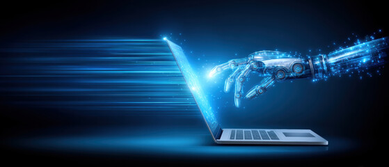 Data futuristic robot hand reaches toward glowing laptop screen in high tech blue scene