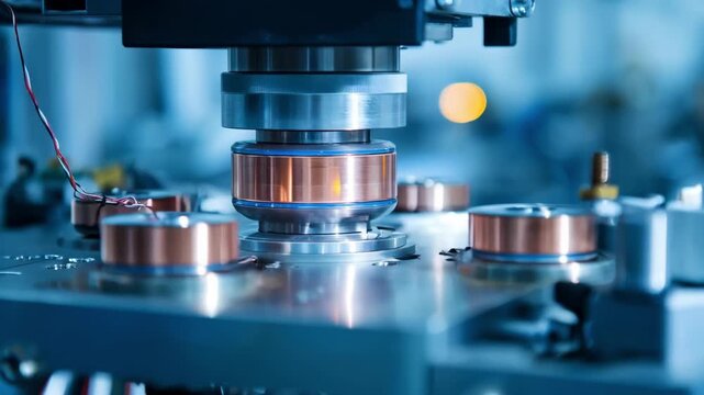 Closeup of advanced electronic equipment measuring electrical conductivity in copper samples under sterile laboratory lighting.