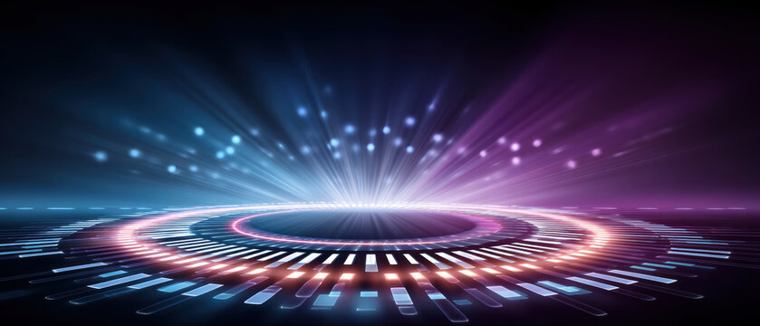 Data glowing circular platform with futuristic light beams and bokeh glow creating dynamic high