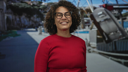 Smiling woman points finger with hand at camera on bright port dock by moored boats under clear sky; confidence trust engagement connection.