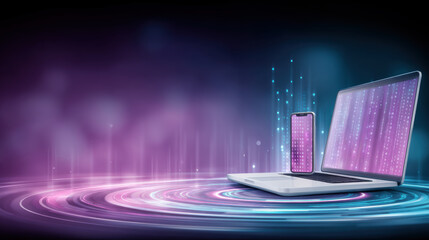 Data glowing laptop and smartphone with abstract digital code and neon vortex communication