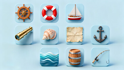 Nautical 3d icon set. featuring wheel, lifebuoy, boat, telescope, anchor, map, shell, compass, wave, barrel, fishing rod. On blue background.