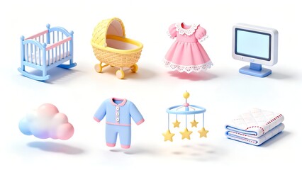 Baby essentials 3d icon set: crib, bassinet, dress, monitor, pajamas, cloud, mobile, blanket