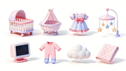 Baby essentials 3d icon set: crib, bassinet, dress, monitor, pajamas, cloud, mobile, blanket.