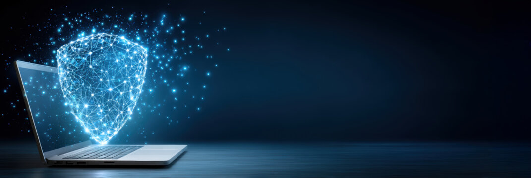 Data shield composed of glowing network nodes protects laptop in dark digital workspace