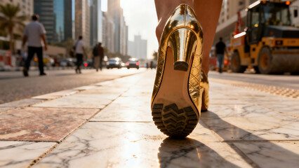 A woman wearing metallic gold high heels steps steadily on the street.