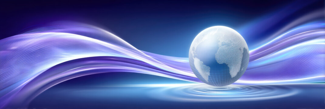 Data globe with flowing purple wave and soft light creating calm futuristic scene - Powered by Adobe